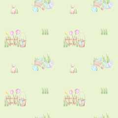 Seamless pattern with watercolor Easter basket, eggs and flowers