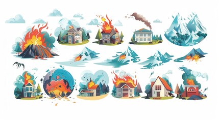 A set of colorful cartoon illustrations depicting various natural disasters including volcanic eruptions, forest fires, earthquakes, floods, and blizzards. Generative AI