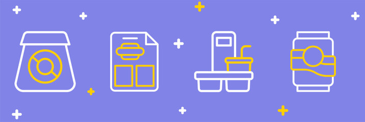 Set line Soda can, Coffee cup to go, Restaurant cafe menu and Online ordering food icon. Vector