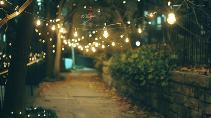   A street lined with luminaries and a barren tree