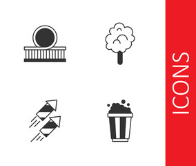 Set Popcorn in cardboard box, Roller coaster, Firework rocket and Cotton candy icon. Vector