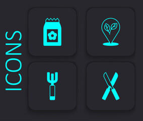 Set Gardening scissors, Pack full of seeds, Location with leaf and pitchfork icon. Black square button. Vector