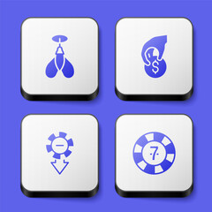 Set Dart arrow, Hand holding casino chips, Casino and icon. White square button. Vector