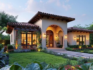 Obraz premium Investment home with lush lawn, warm tones, detailed, digital rendering