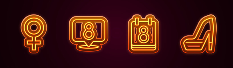 Fototapeta premium Set line Female gender symbol, 8 March, Calendar with and Woman shoe. Glowing neon icon. Vector