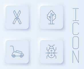 Set line Gardening scissors, Tree, Lawn mower and Colorado beetle. White square button. Vector