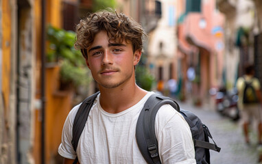 Fototapeta premium Young Man With Backpack Standing In An Italian Alley