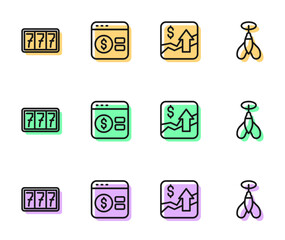 Set line Financial growth increase, Slot machine with jackpot, Online poker table game and Dart arrow icon. Vector