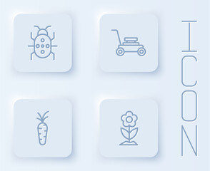 Set line Colorado beetle, Lawn mower, Carrot and Flower. White square button. Vector