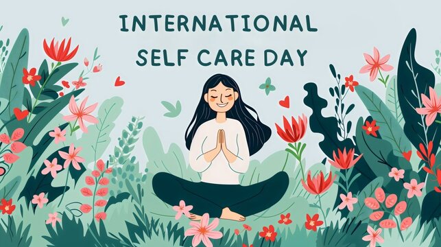 International Self Care Day July 24, happy woman meditating in yoga pose relaxing, flat illustration