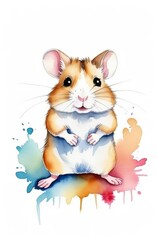 A watercolor illustration of a little hamster standing on its hind legs