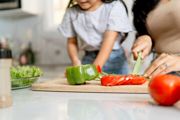 Mother and little daughter preparing a meal in the kitchen.