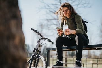 Naklejka premium Outdoor lifestyle shot of a young curly-haired man enjoying a smoothie while using his smart phone and sitting beside his bicycle 