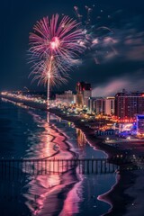  Fireworks over Virginia Beach oceanfront at night, celebrating summer festival with vibrant colors reflecting on water