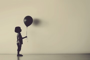 Obraz premium Silhouette of a child holding a balloon in a minimalistic modern setting, with a light background and plenty of space for text, highlighting National Missing Children's Day. image evokes sense of hope