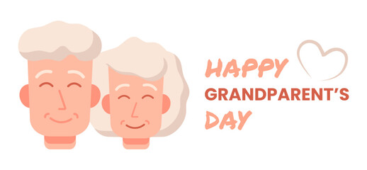 Happy Grandparents Day Card characters Grandfather, Grandmother. Heads of old smiling people. Grandma, Grandpa. Text of congratulations with heart for holiday. Man with gray hair. Vector illustration