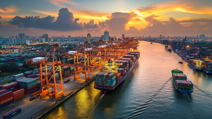 Obraz premium A large city with a river running through it and a large ship in the water