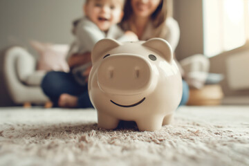 On the floor, a woman and child are seated beside a piggy bank. They look happy. There are keywords such as nose, head, smile, toy, happy, wood, flooring, toddler, snout, and stuffed toy