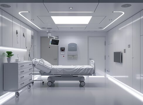 Modern hospital room with medical equipment and empty bed