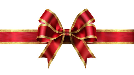 Red decorative ribbon and bow with gold edging isolated on transparent background, PNG with transparent background  