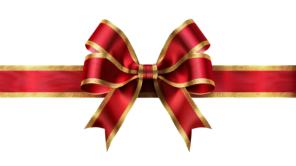 Red decorative ribbon and bow with gold edging isolated on transparent background, PNG with transparent background  