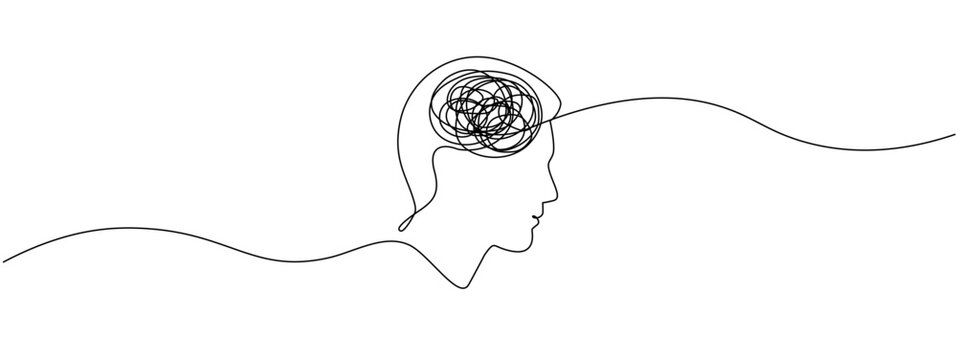 recommend clip art: Continuous single line drawing of a person with confused thoughts. Concept of mental health problems, stress, grief, headache in simple linear style. Vector editable illustration