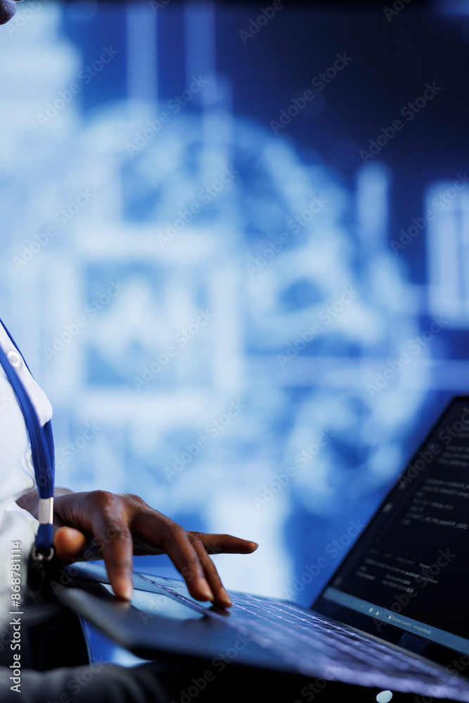 Fototapete system administrator writes code on laptop to visualize artificial intelligence neural networks usin