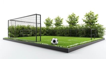 3D rendering illustration of a football soccer playground with a ball shown in a side view and isolated on a white background
