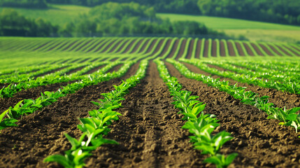 Vibrant rows of young plants in a lush green field