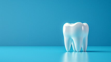 Banner with shiny white tooth on a bright blue background. Empty copy space for design. Dentist business card design