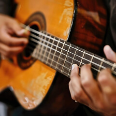Close up of fingers playing acoustic guitar strings. Generated by AI.