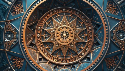 Fototapeta premium Intricate steampunk clockwork mechanism with golden gears and celestial star patterns. Ornate bronze astronomical clock face with teal metal textures. Antique mechanical zodiac mandala.