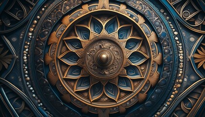 Obraz premium Intricate mandala pattern with golden metal textures and blue floral details, ornate circular geometric design with filigree craftsmanship, luxury spiritual background for meditation art.
