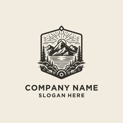 Vintage Style Mountain View Logo Design. Illustration of Lake, Pine Forest and Mountains for Outdoor Adventure.