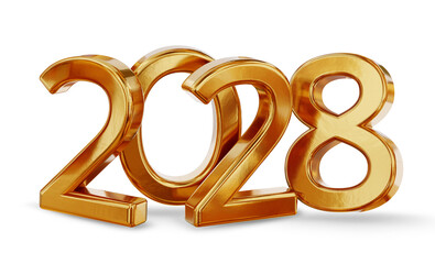 year 2028 golden, gold metallic, symbol isolated, 3d-illustration