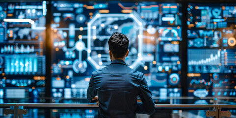 Businessman analyzing futuristic digital interface with data charts and graphs on large screens in modern control room