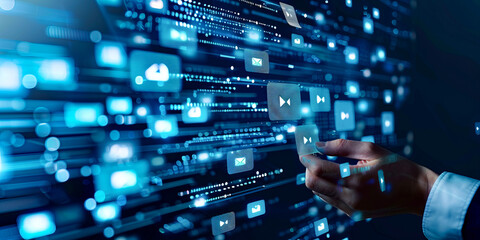 Hand interacting with digital multimedia icons in a futuristic virtual interface concept