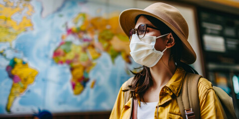 Traveler wearing a face mask and hat looking at a world map, exploring travel destinations, pandemic travel concept
