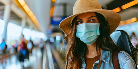 Traveler wearing a protective face mask at an airport terminal, ready for a journey during a pandemic, safety and health precautions