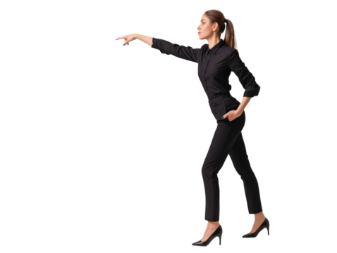 Mulher vestida socialmente apontando o dedo e sinalizando para algo. Fundo transparente para uso editorial e em design