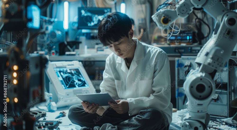 Poster focused engineer in lab studying robotics data on a tablet in a highly equipped laboratory