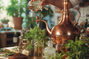 Caper apparatus for the production of distillate or essential oils, in an environment filled with plants. Perfect for topics on herbs, essential oils, distillation, natural remedies, organic living.