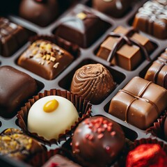 Chocolates with different flavors in a fancy photo. The background is blurred to make the chocolates stand out.