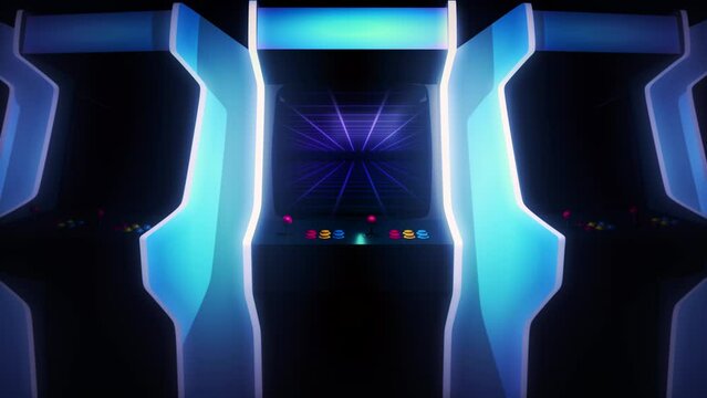 Arcade game machine intro. 3D motion graphics, animation template. Zoom in to the screen of a videogame, with a retro, neon aesthetic