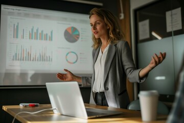 A woman is sitting in a room, giving a presentation in front of a laptop computer during a public speaking event. She gestures while talking, conveying confidence and engagement.