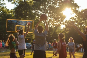 Children playing basketball in a park under summer sky, having fun with a crowd
