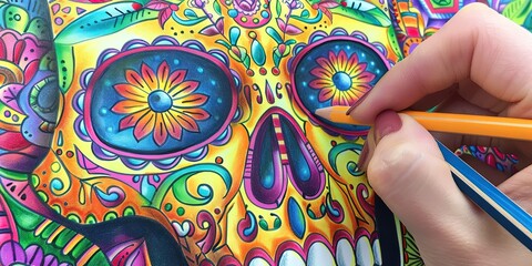 hand holding a pencil crayon and coloring a bright full color skull mandala 