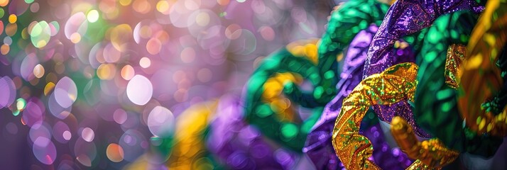 Fototapeta premium mardi gras masks, beads, and feathers in purple, gold, and green