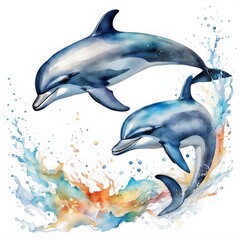 Obraz premium Dolphins jumping out of water, Sunset background
