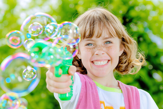 happy caucasian little girl playing with a soap bubble gun, fun summertime for kids